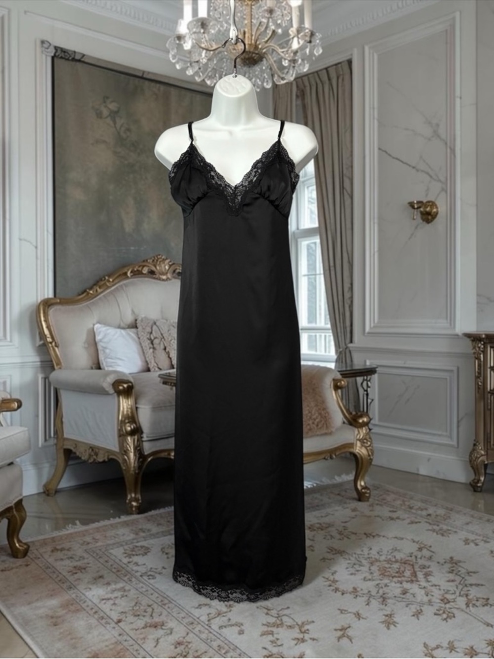 H&M, Black Satin Lace Slip Dress, Small, Sexy Nightgown Lingerie